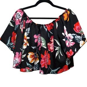 Elegant‎ Floral Off-Shoulder Blouse - Black and Pink